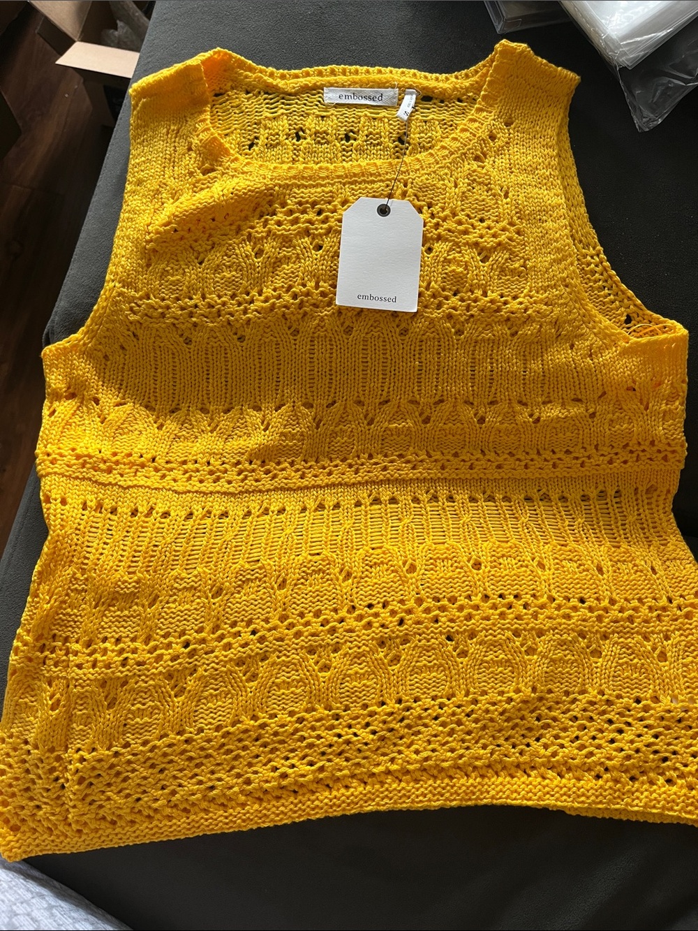 Embossed Bright Yellow Openwork Knit Tank Top
